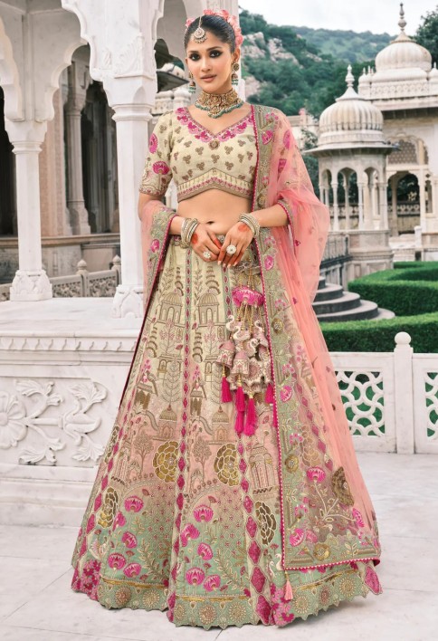 Peach & Off-White Fancy Silk Lehenga Choli With Cut Work Embroidery Border & Stone Work